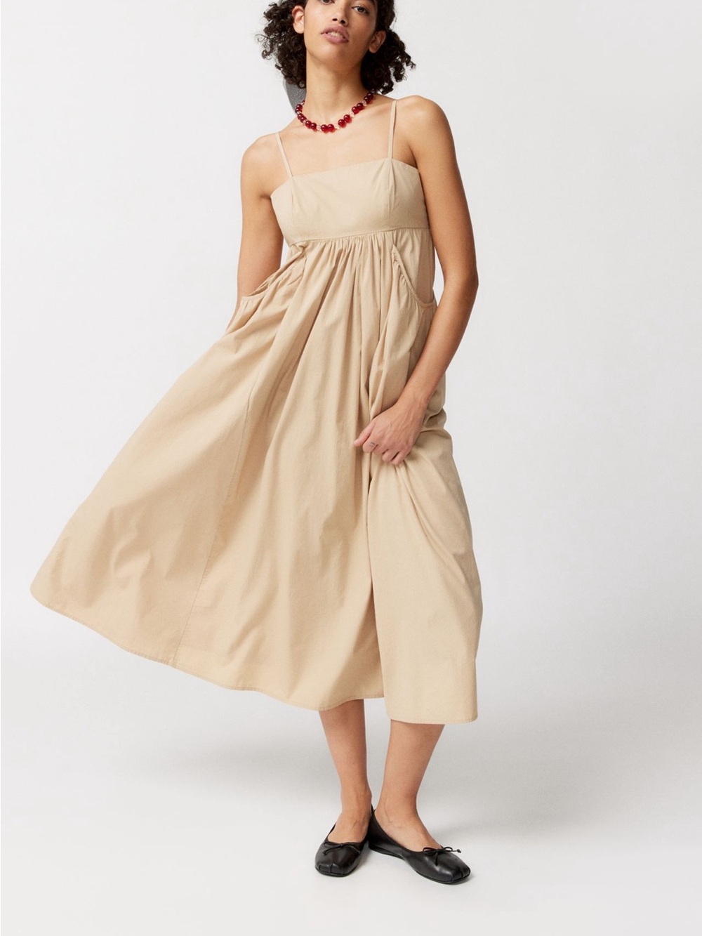 Urban Outfitters /FREE PEOPLE Iggy Poplin Beige Spaghetti-Strap Midi Dress